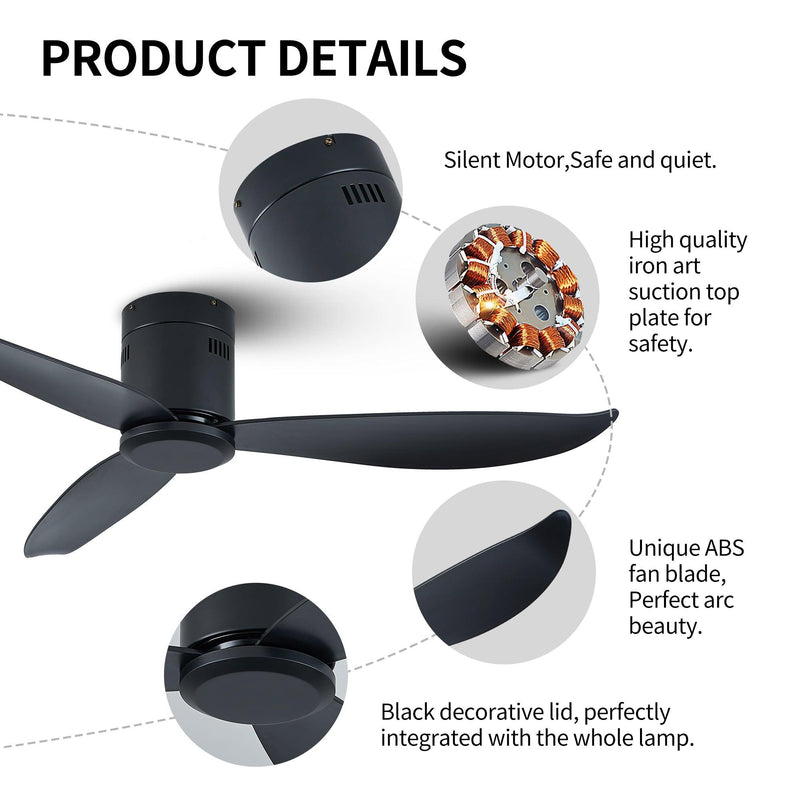 Low Profile Black Flush Mount Ceiling Fan No Light 52"