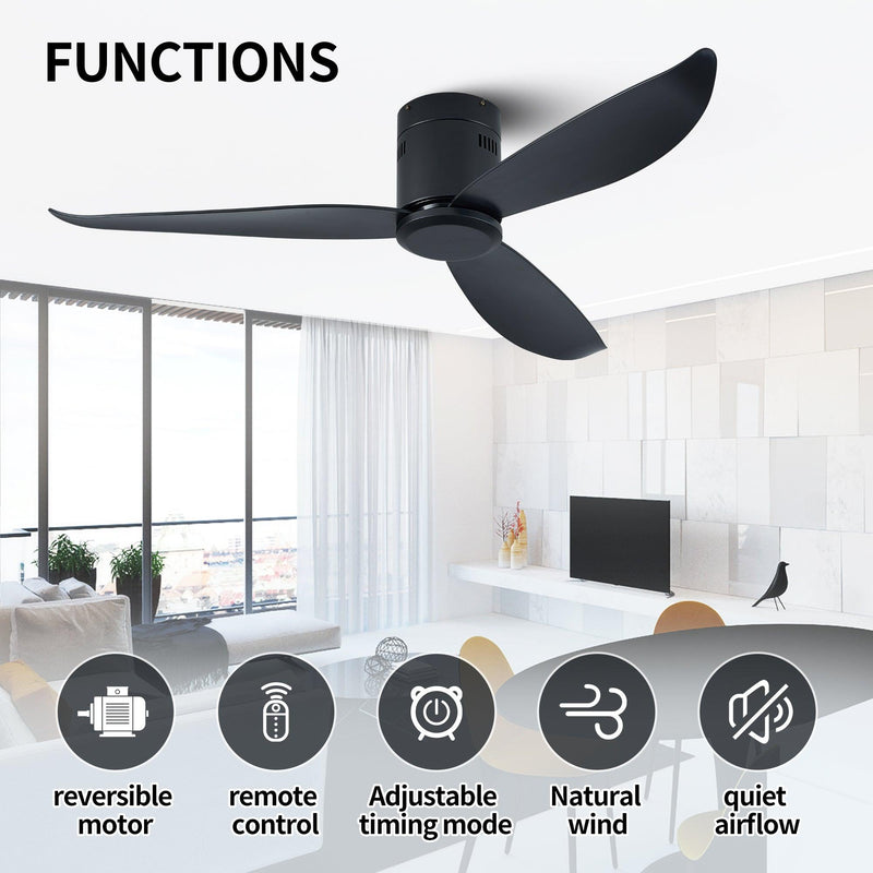 Low Profile Black Flush Mount Ceiling Fan No Light 52"