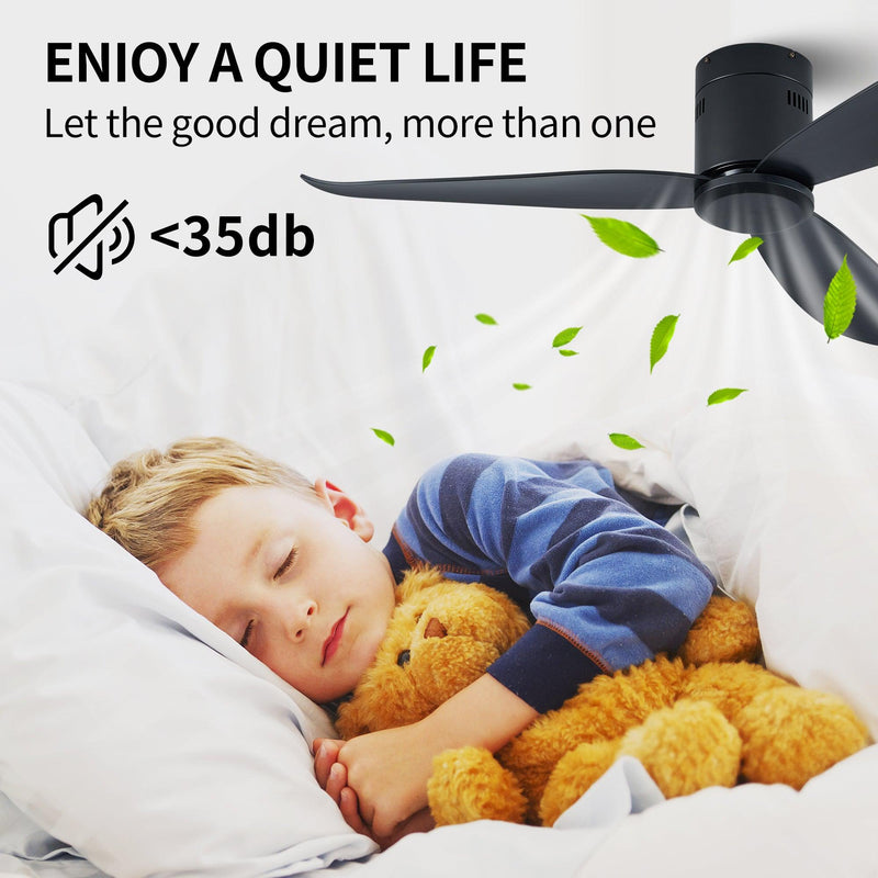 Low Profile Black Flush Mount Ceiling Fan No Light 52"