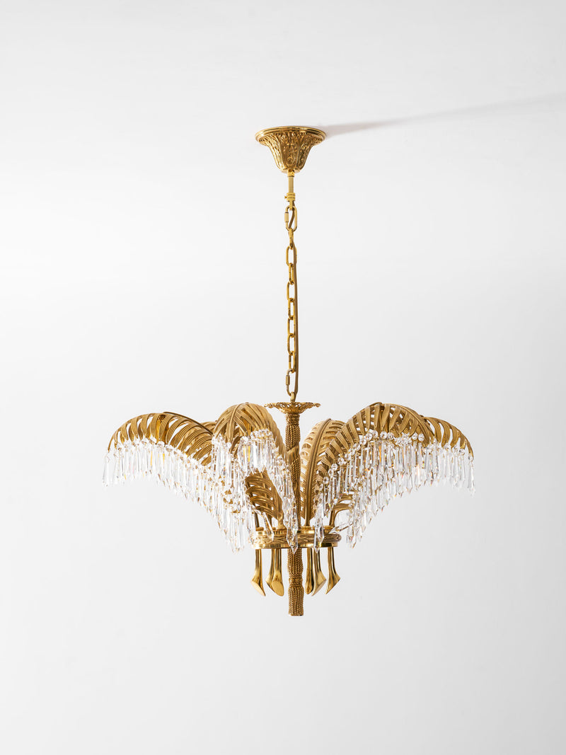 Brass Palm Leaf Crystal Chandelier 27.6"