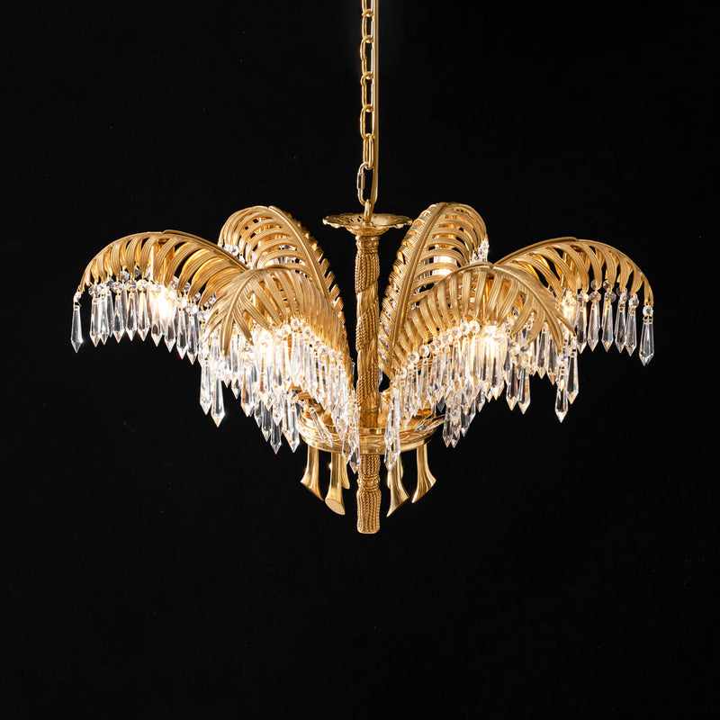 Brass Palm Leaf Crystal Chandelier 27.6"