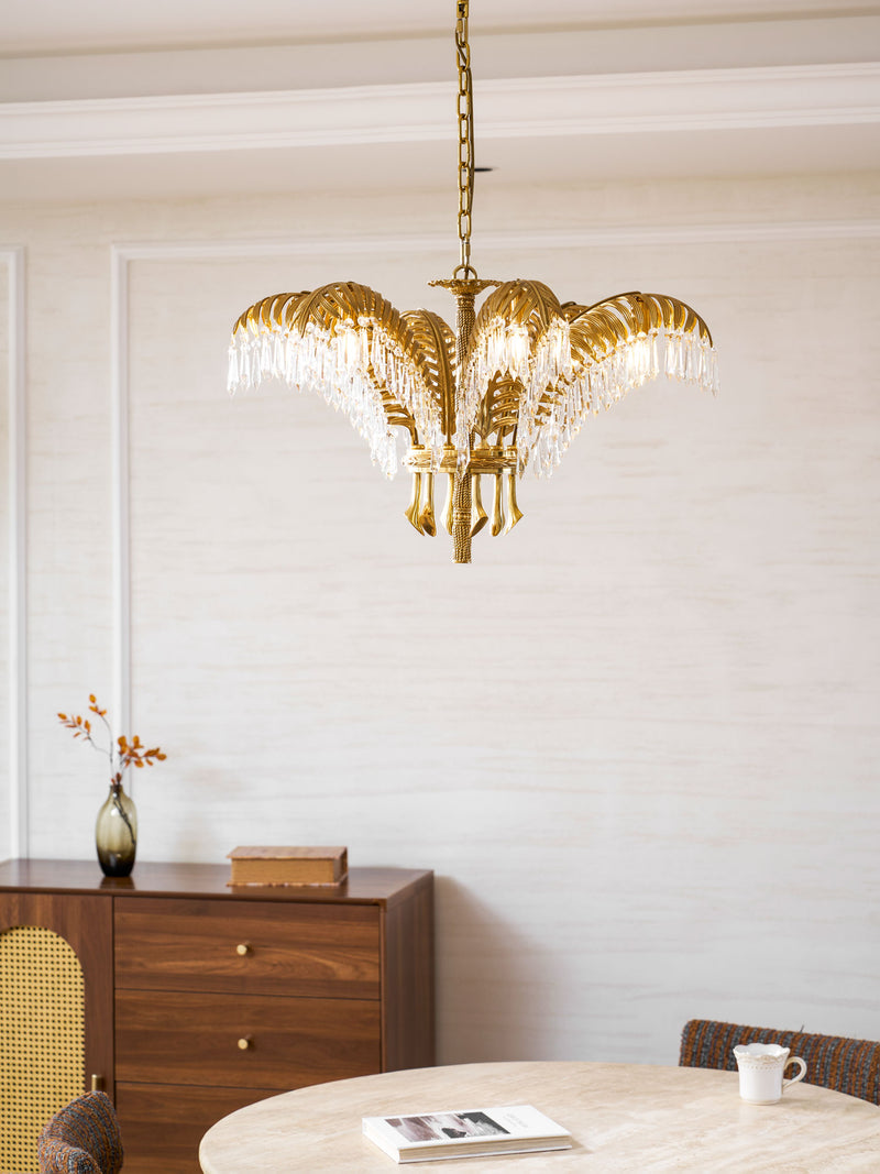 Brass Palm Leaf Crystal Chandelier 27.6"