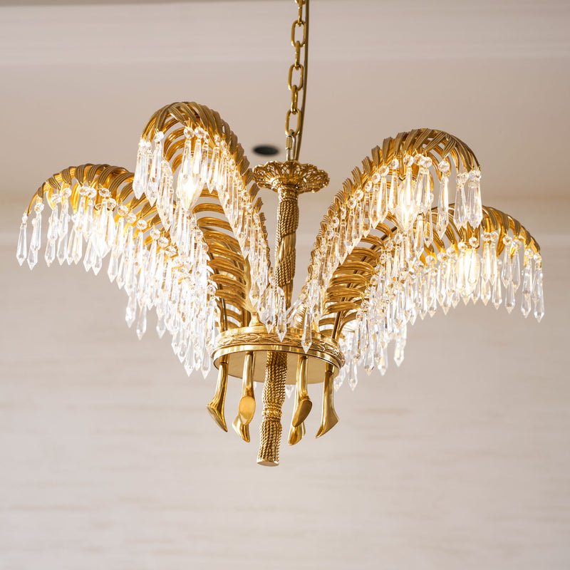 Brass Palm Leaf Crystal Chandelier 27.6"