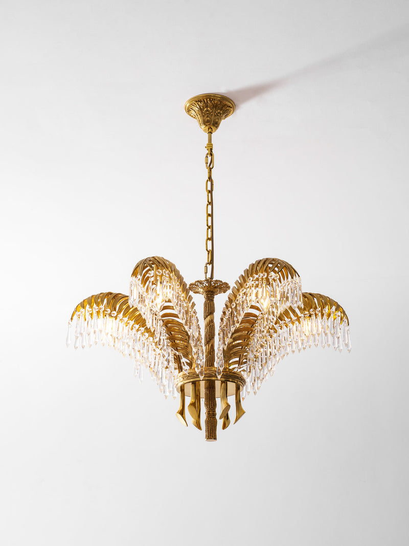 Brass Palm Leaf Crystal Chandelier 27.6"