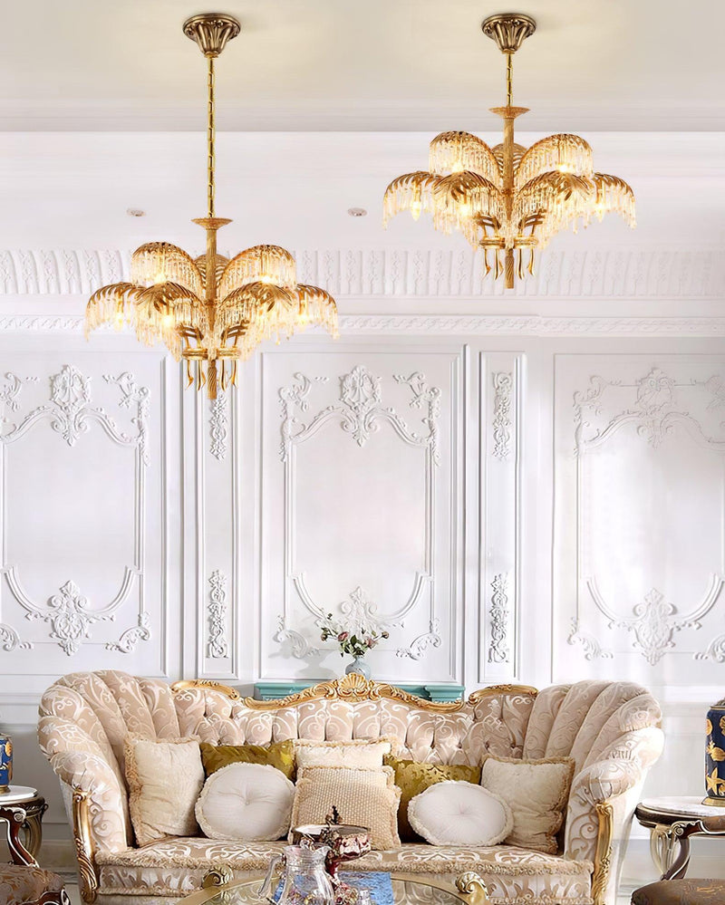Brass Palm Leaf Crystal Chandelier 27.6"