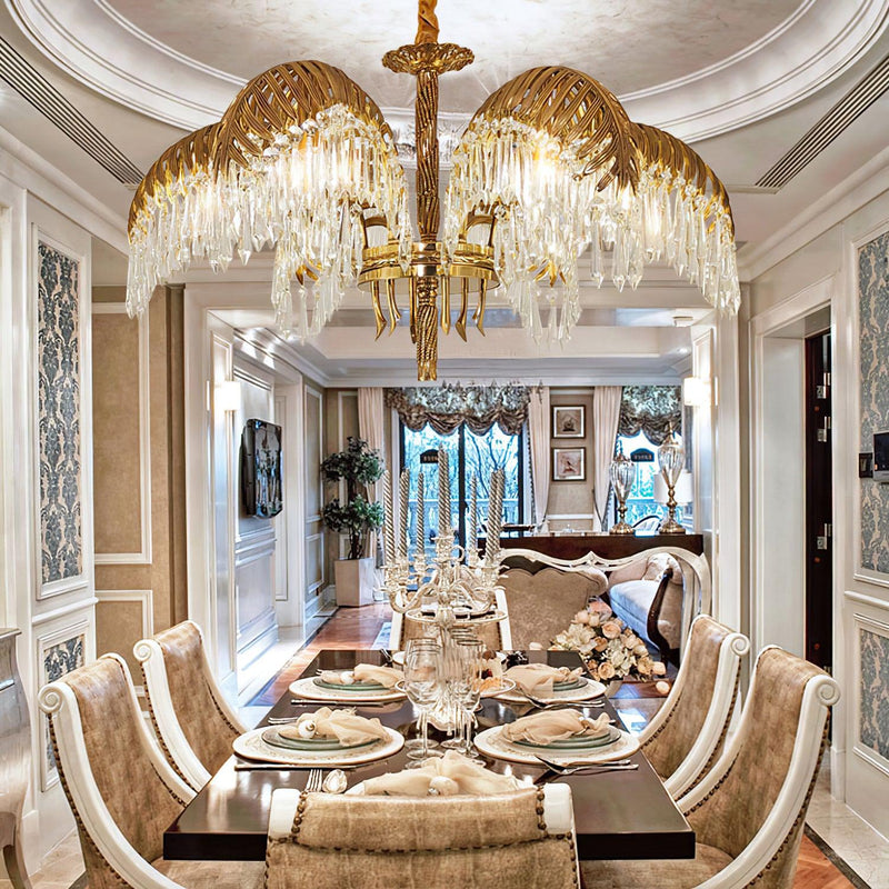 Brass Palm Leaf Crystal Chandelier 27.6"
