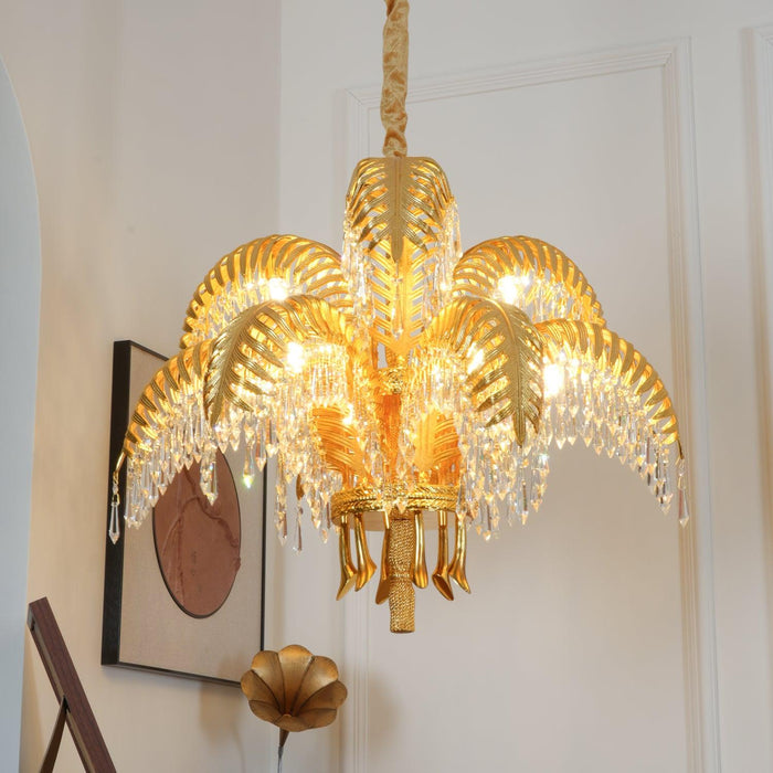 Brass Palm Leaf Crystal Chandelier 27.6"