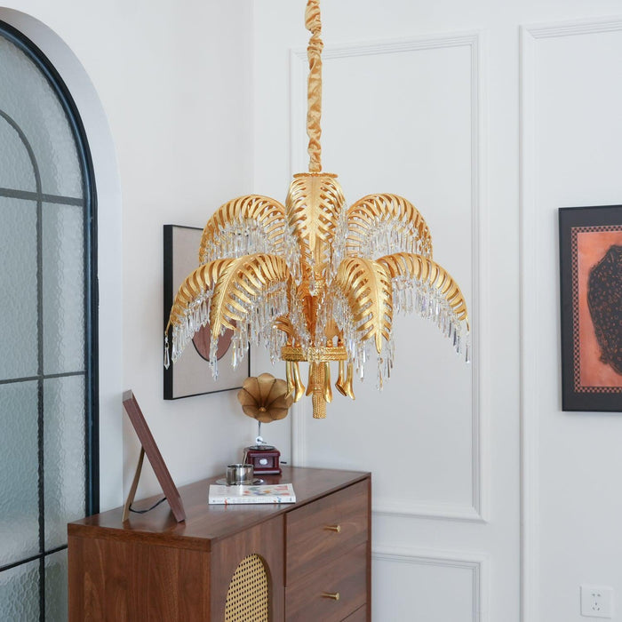 Brass Palm Leaf Crystal Chandelier 27.6"