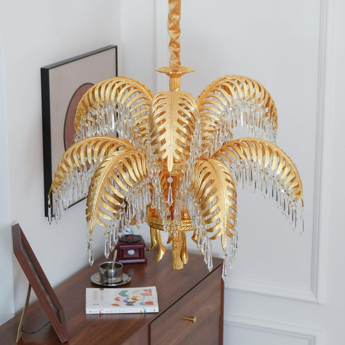 Brass Palm Leaf Crystal Chandelier 27.6"