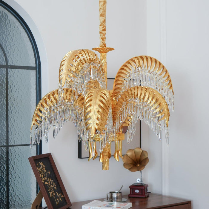 Brass Palm Leaf Crystal Chandelier 27.6"