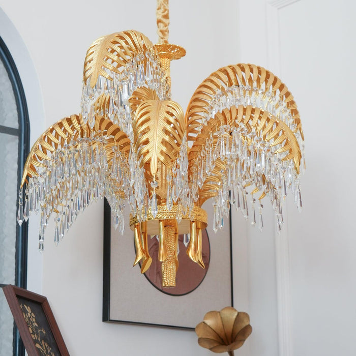 Brass Palm Leaf Crystal Chandelier 27.6"