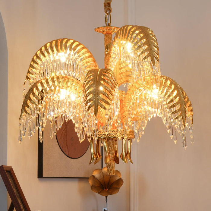 Brass Palm Leaf Crystal Chandelier 27.6"