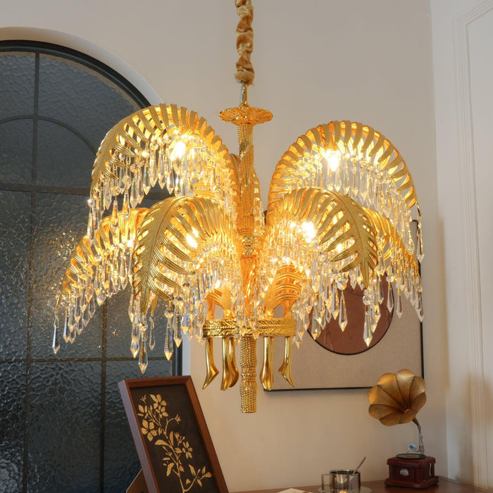 Brass Palm Leaf Crystal Chandelier 27.6"