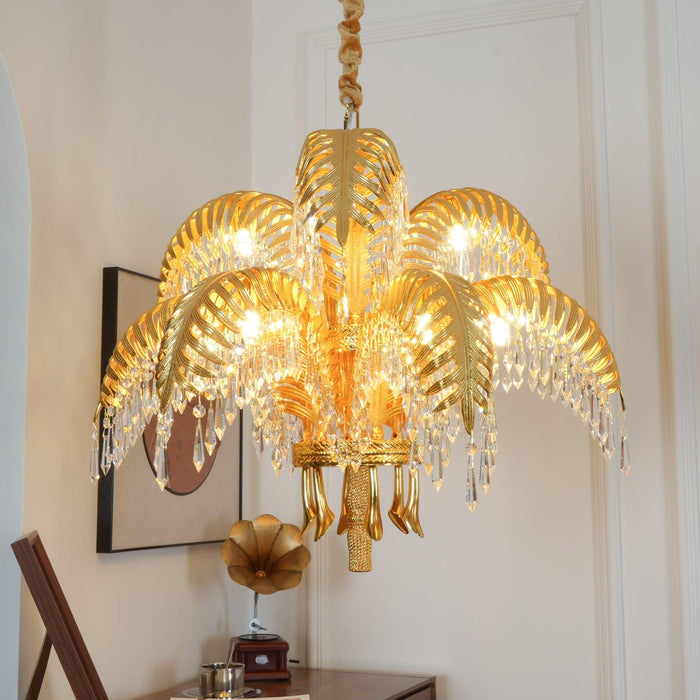 Brass Palm Leaf Crystal Chandelier 27.6"