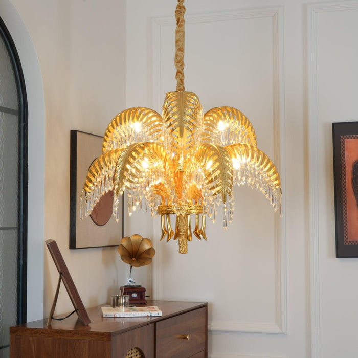 Brass Palm Leaf Crystal Chandelier 27.6"