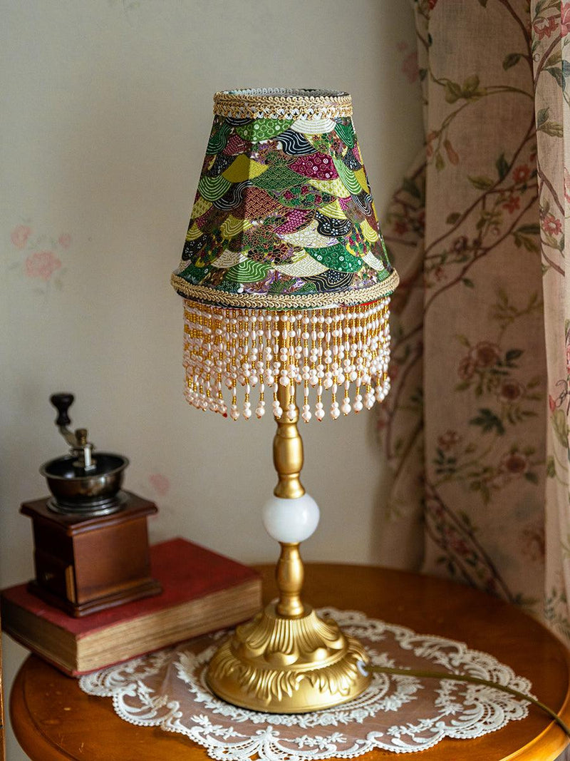 Edwardian Table Lamp with Appliquéd Beaded Shade 7.1&quot;